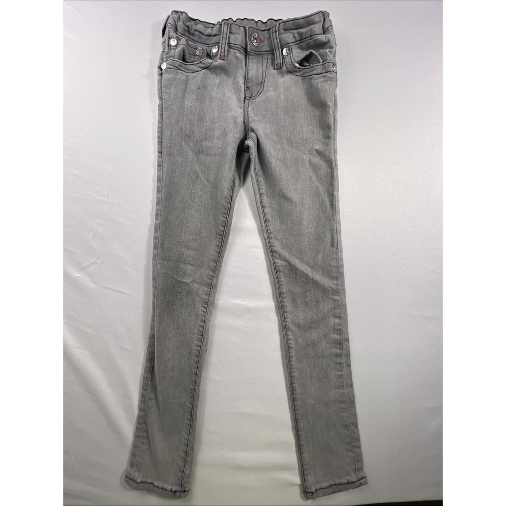 True Religion Straight Jeans Girls Size 12 Gray‎ /Pink Distressed Stretch *Flaw*